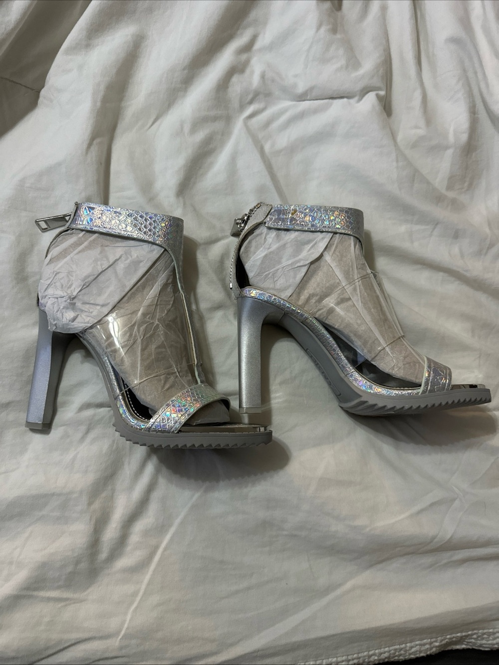 DKNY Iridescent Silver Open-Toe Ankle Strap Heels